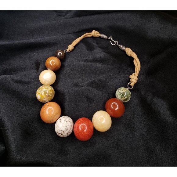 Vintage Large Stone Beaded Necklace With Sterling Silver Clasp & Tan Cord - Picture 3 of 5